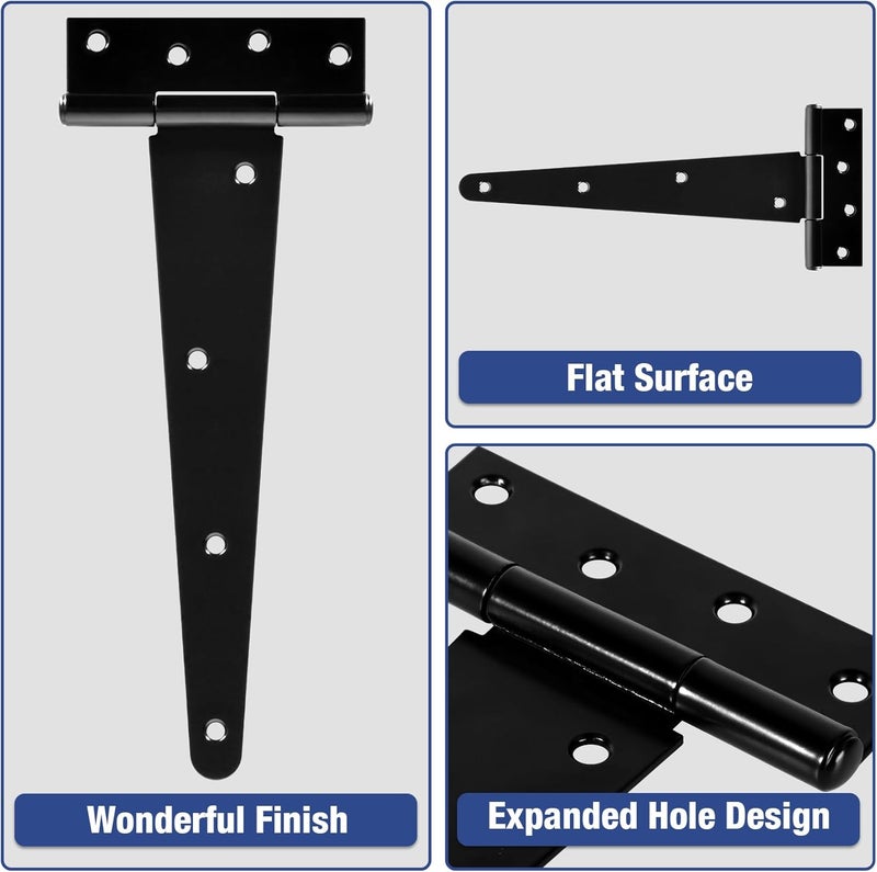 TDCHINGES 10 Inch Shed Door Hinges T-Strap Gate Hinge Heavy Duty 2 Pack Barn Farm Fence Tee Hinges for Doors Outdoor Kitchen Wood Cabinet Interior Exterior Window Bar Shop Matte Blake Door Hinge Hardware Kit - Image 3